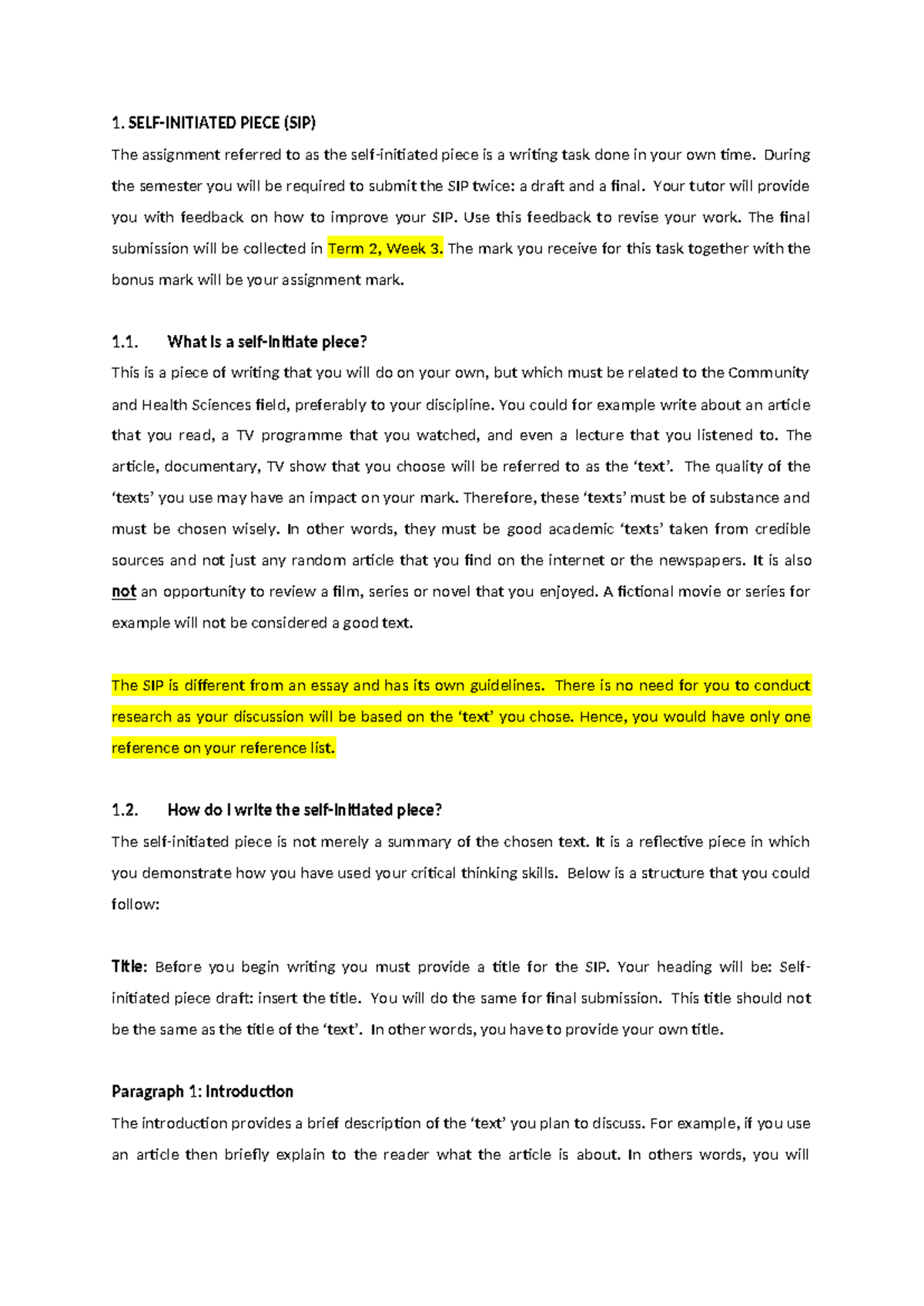 SIP Assignment Guidelines for Community & Health Sciences (SIP) - Studocu