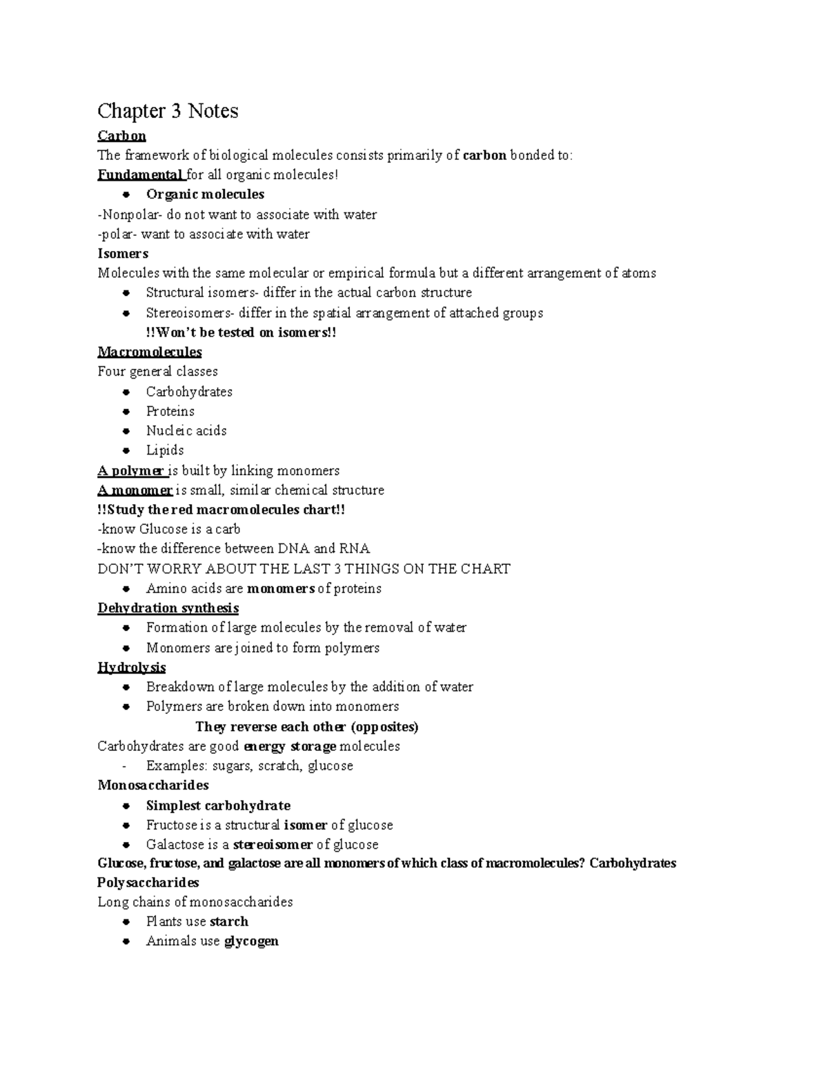 Biology 101: Chapter 3 Notes on Carbon & Macromolecules - Studocu