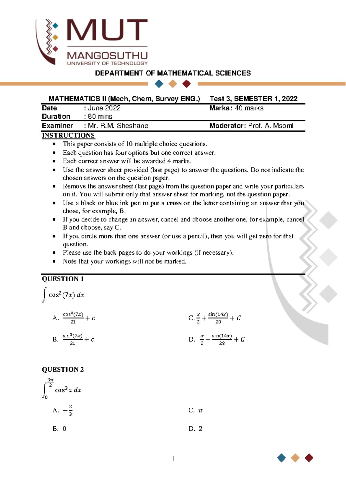 S2 MATH II TEST 3: MCQ Summary & Key Points for Exam Prep - Studocu