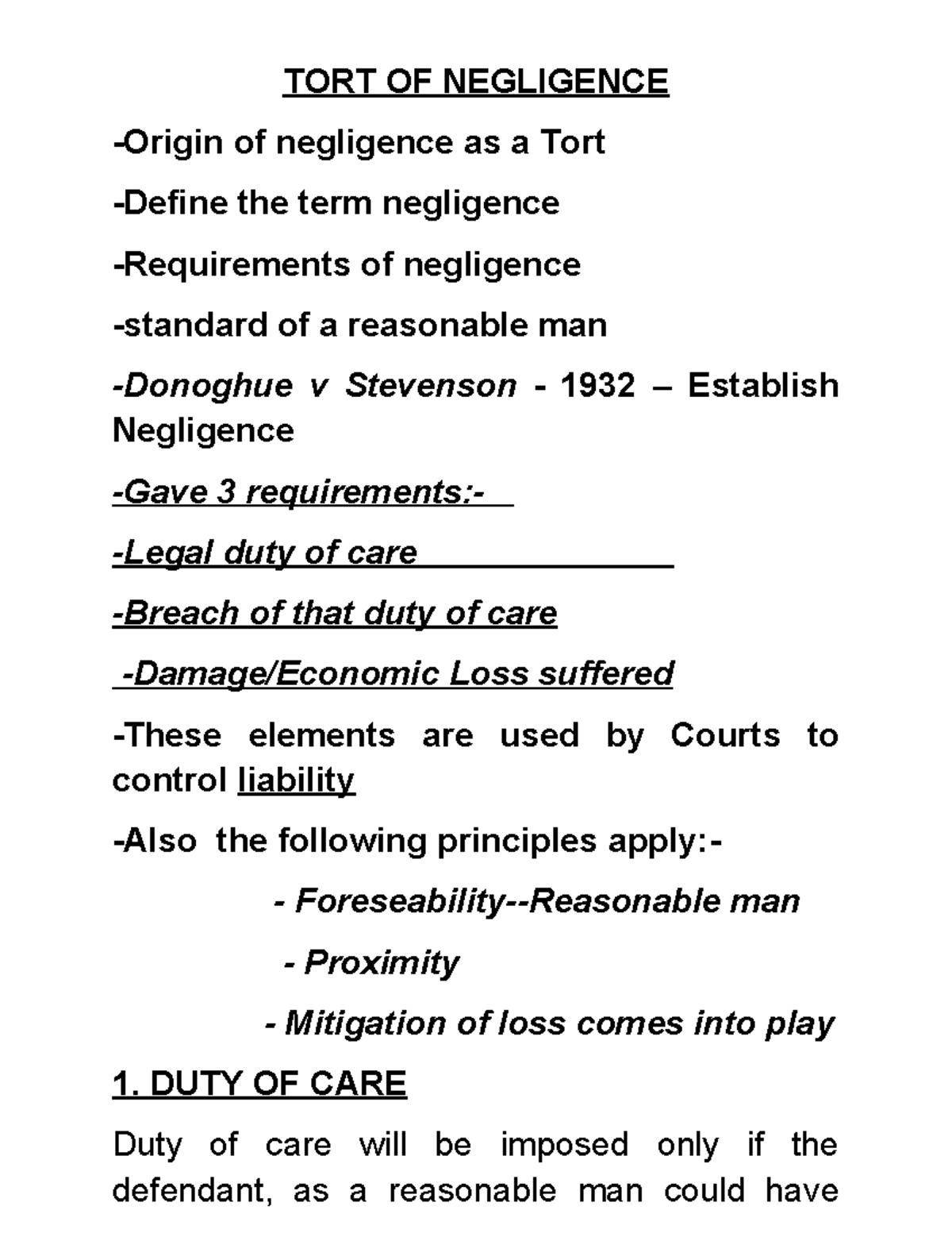 TORT OF NEGLIGENCE: Key Principles and Case Analysis - Studocu