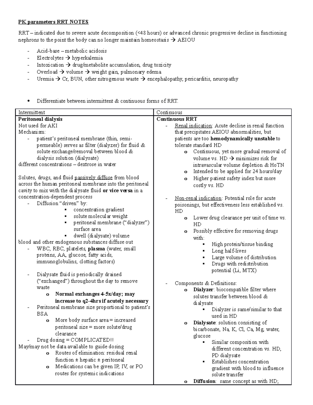 PK parameters RRT Notes - PK parameters RRT NOTES RRT – indicated due ...