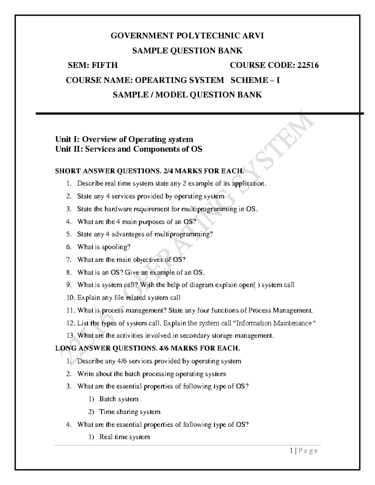 Sample Question Bank for OS Course 22516 - Fifth Semester - Studocu