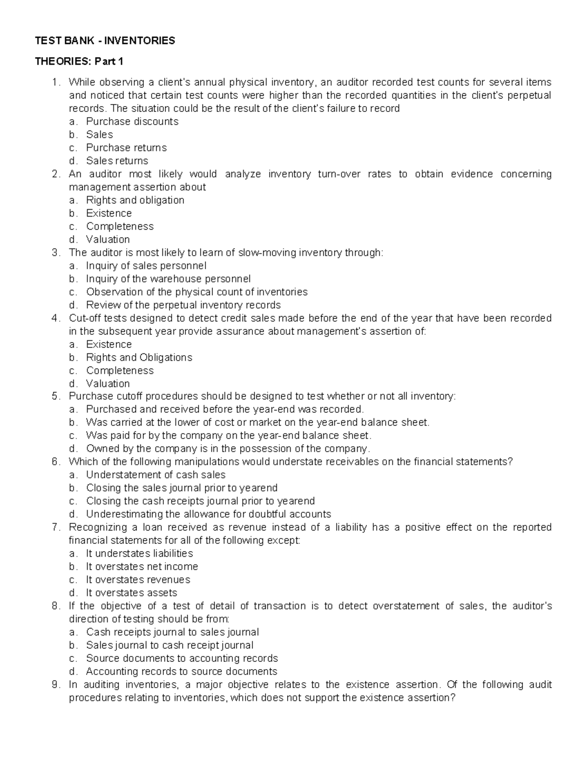 Audit of Inventories Theory Test Bank: Part 1, 2 & 3 - Document Preview