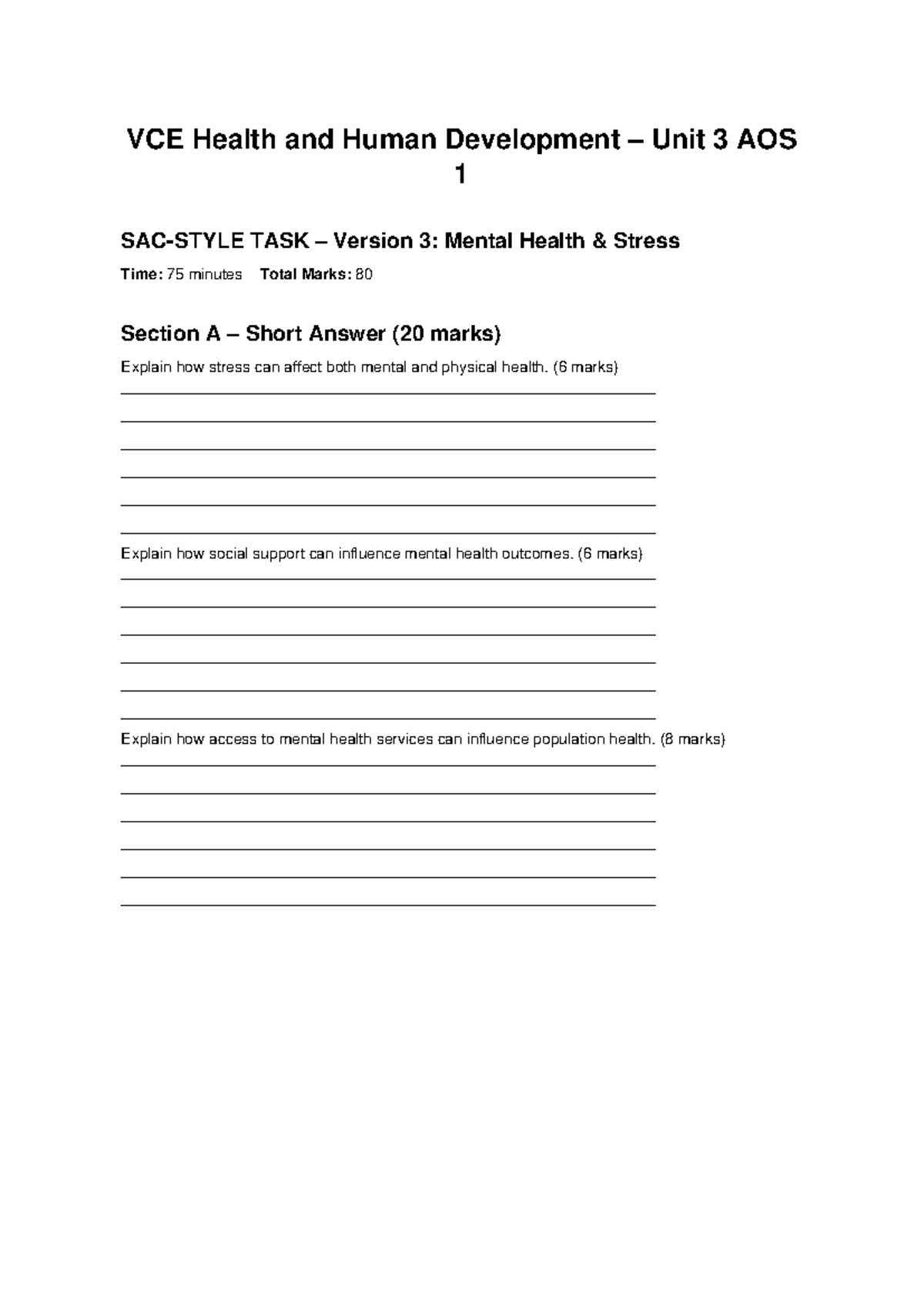 VCE Health and Human Development Unit 3 AOS 1 SAC: Mental Health ...