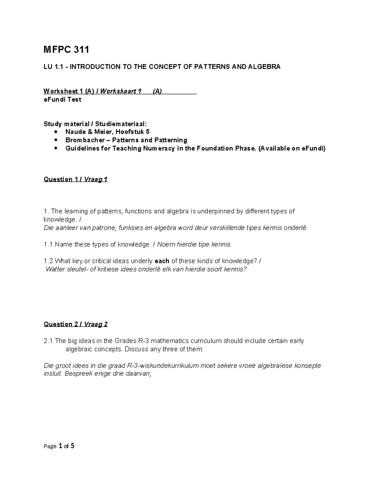 MFPC 311 Worksheet 1: Patterns & Algebra Concepts Overview - Studocu