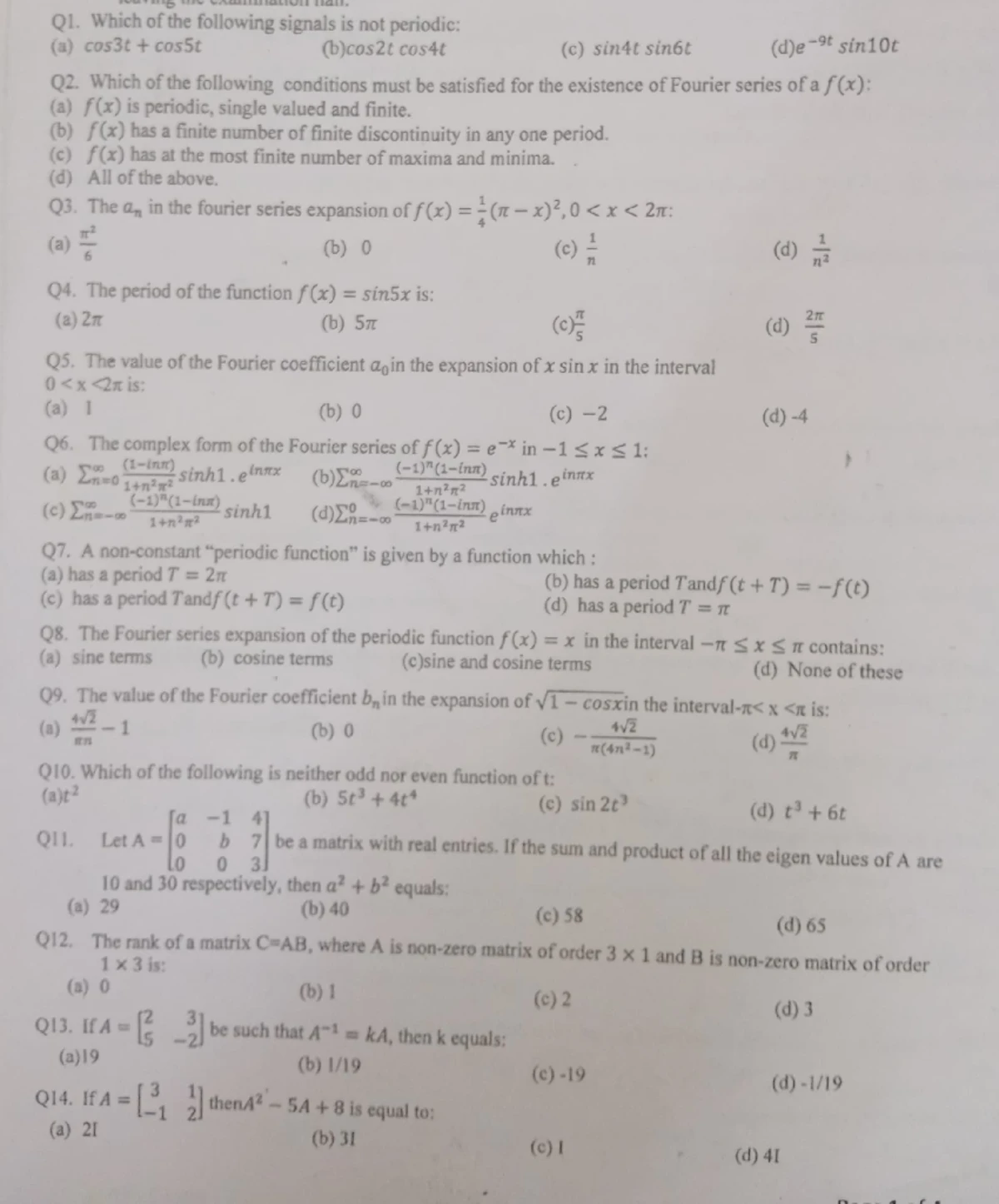 MTH 174 MID TERM - mid term pyq - Page 1 of 3 (a) Only A (b) Only C Q11 ...