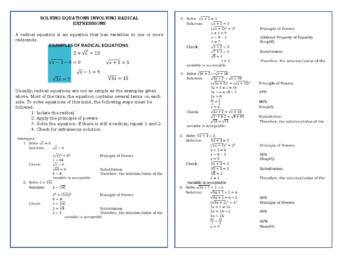 Lecture 1 Radical Equations - SOLVING EQUATIONS INVOLVING RADICAL ...
