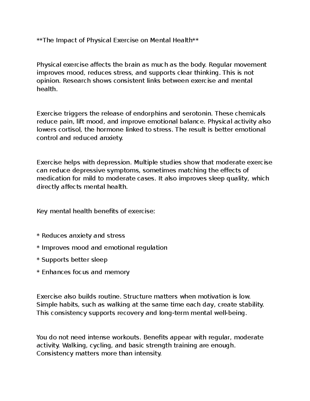 Impact of Physical Exercise on Mental Health Benefits - Studocu