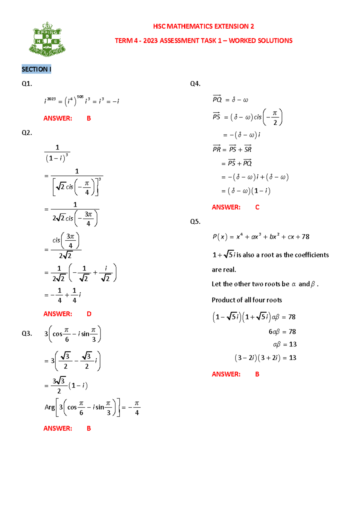 HSC Mathematics Extension 2 TASK 1 - Solutions - HSC MATHEMATICS ...