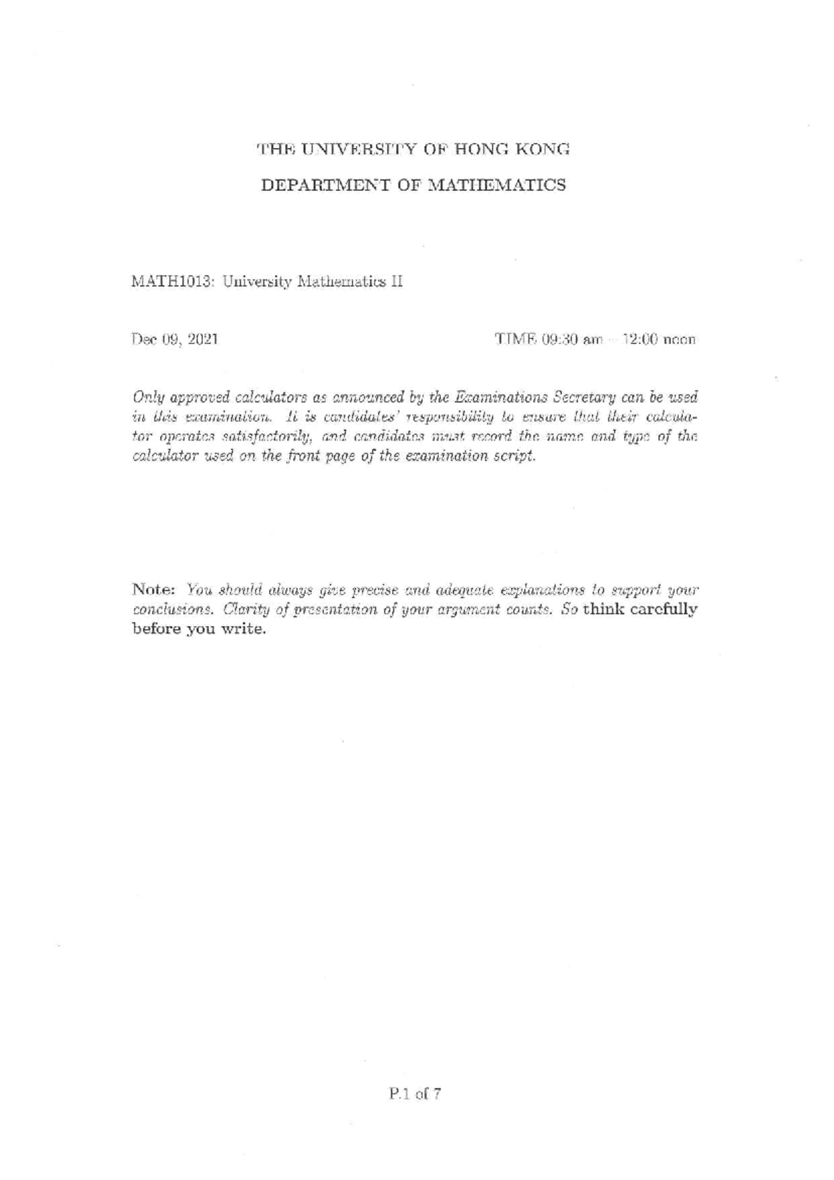 MATHI1013: University Mathematics II Final Exam Review Notes - Studocu