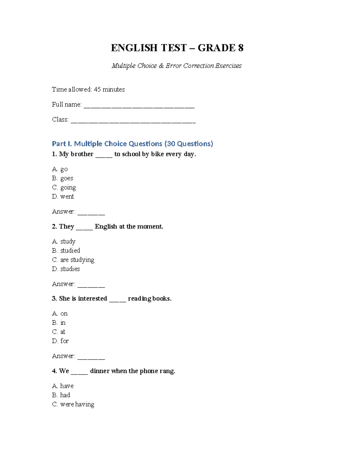 ENGLISH TEST GRADE 8 - Multiple Choice & Error Correction Exercises ...