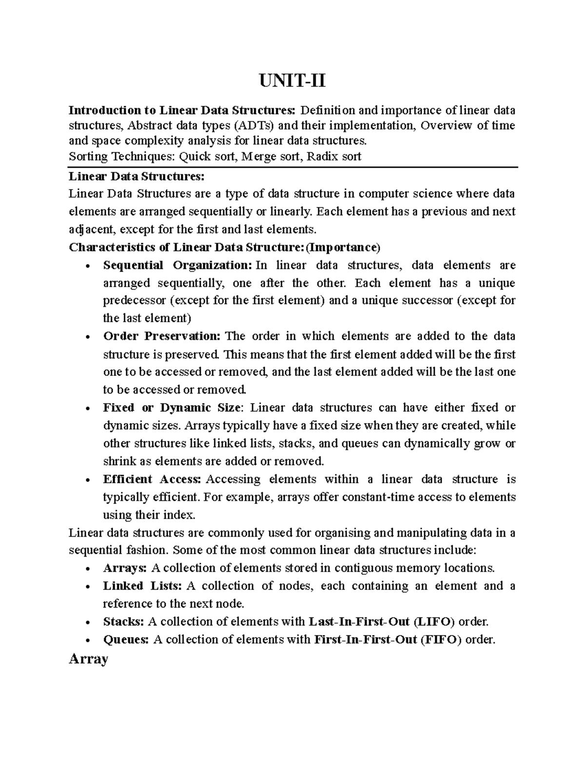 UNIT-II: Linear Data Structures and Sorting Techniques Overview - Studocu