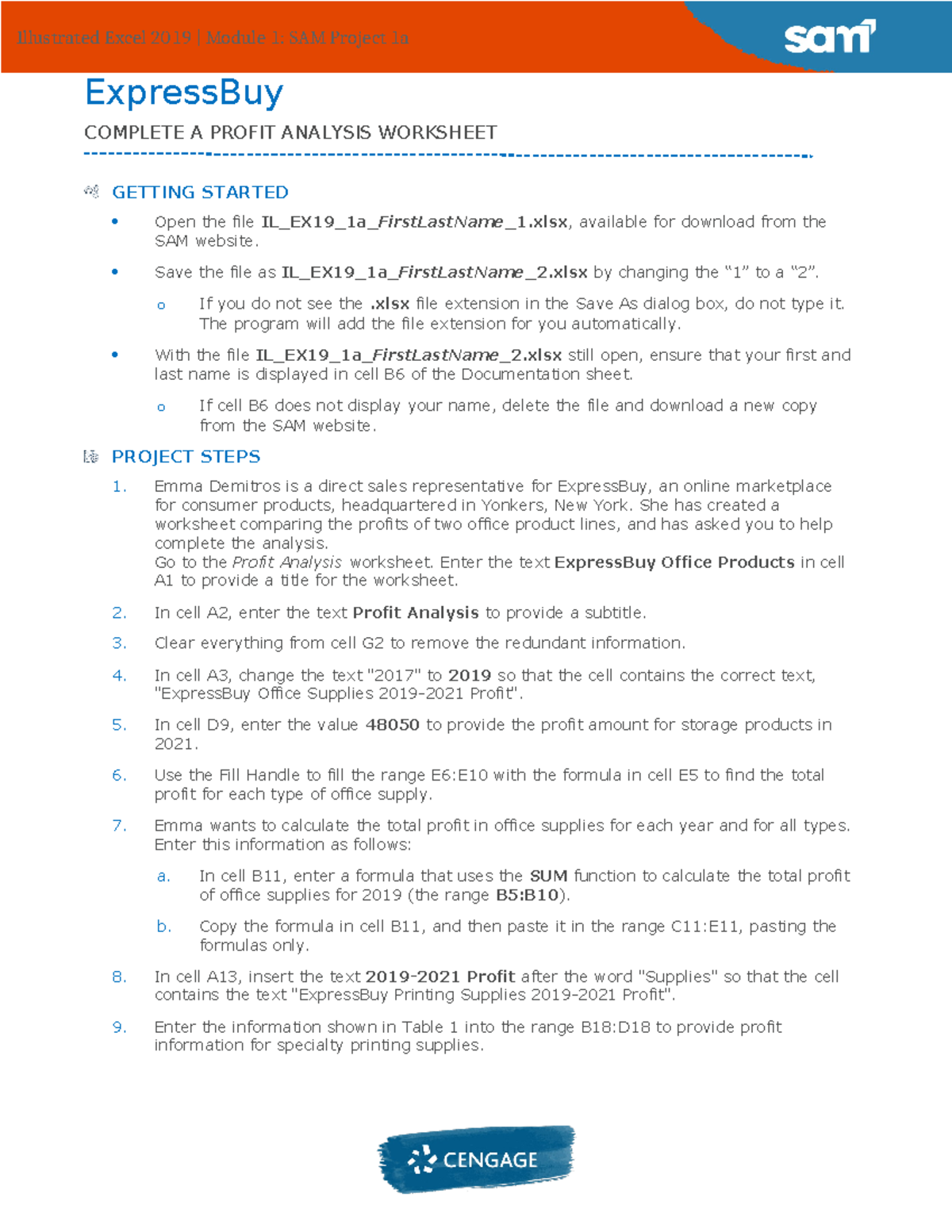 Excel 2019 SAM Project 1a: Profit Analysis Worksheet Instructions - Studocu