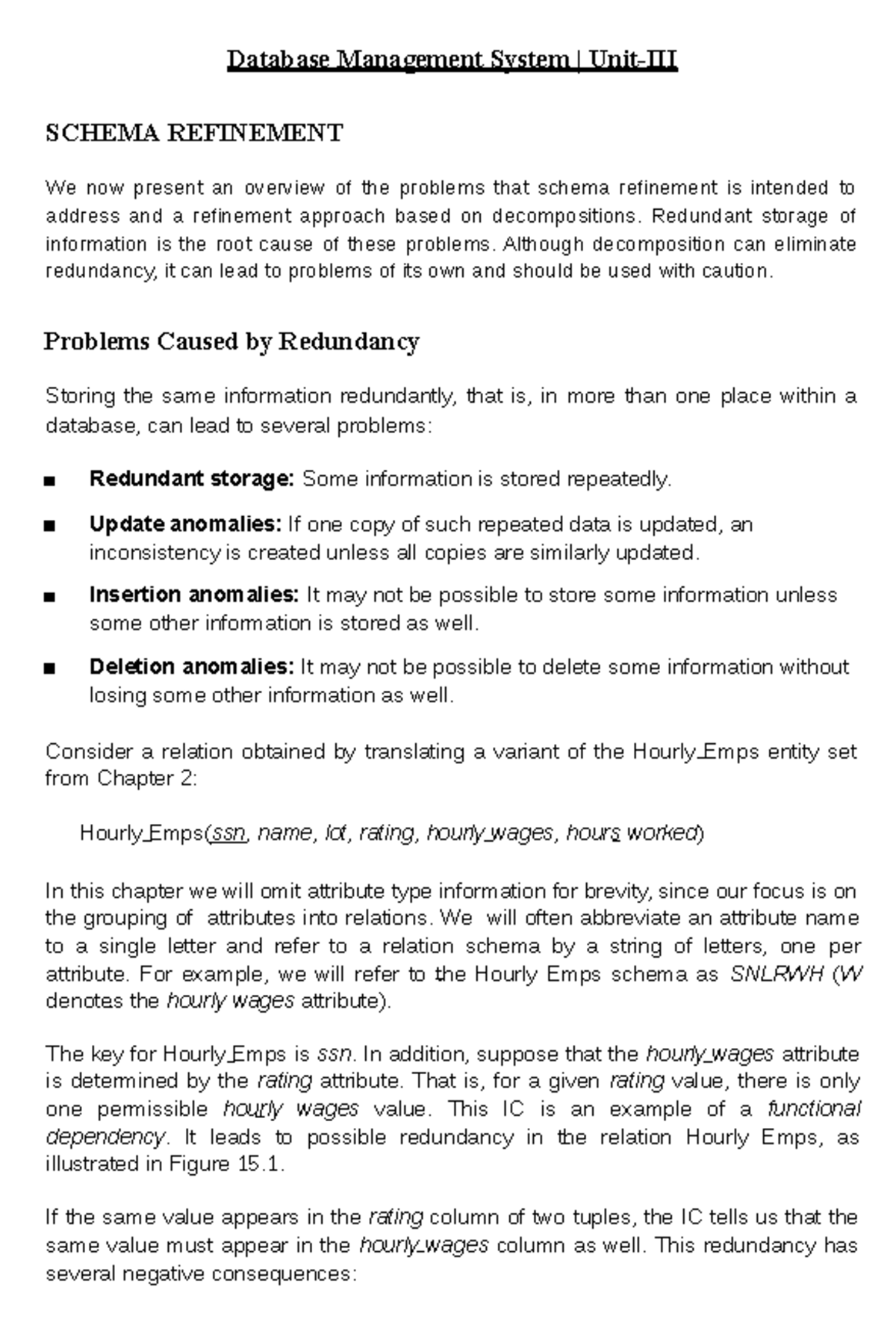 Database Management System - Unit-III: Schema Refinement Lecture Notes ...