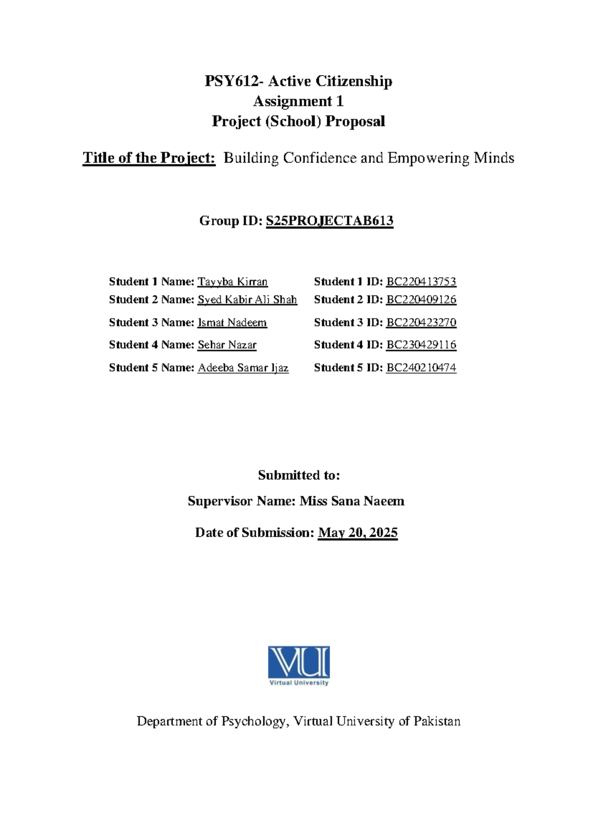 PSY612 - Active Citizenship School Project Proposal (Assignment 01 ...