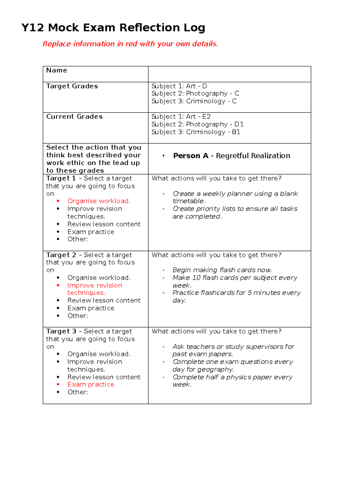 Mock exam reflection log - Y12 Mock Exam Reflection Log Replace ...