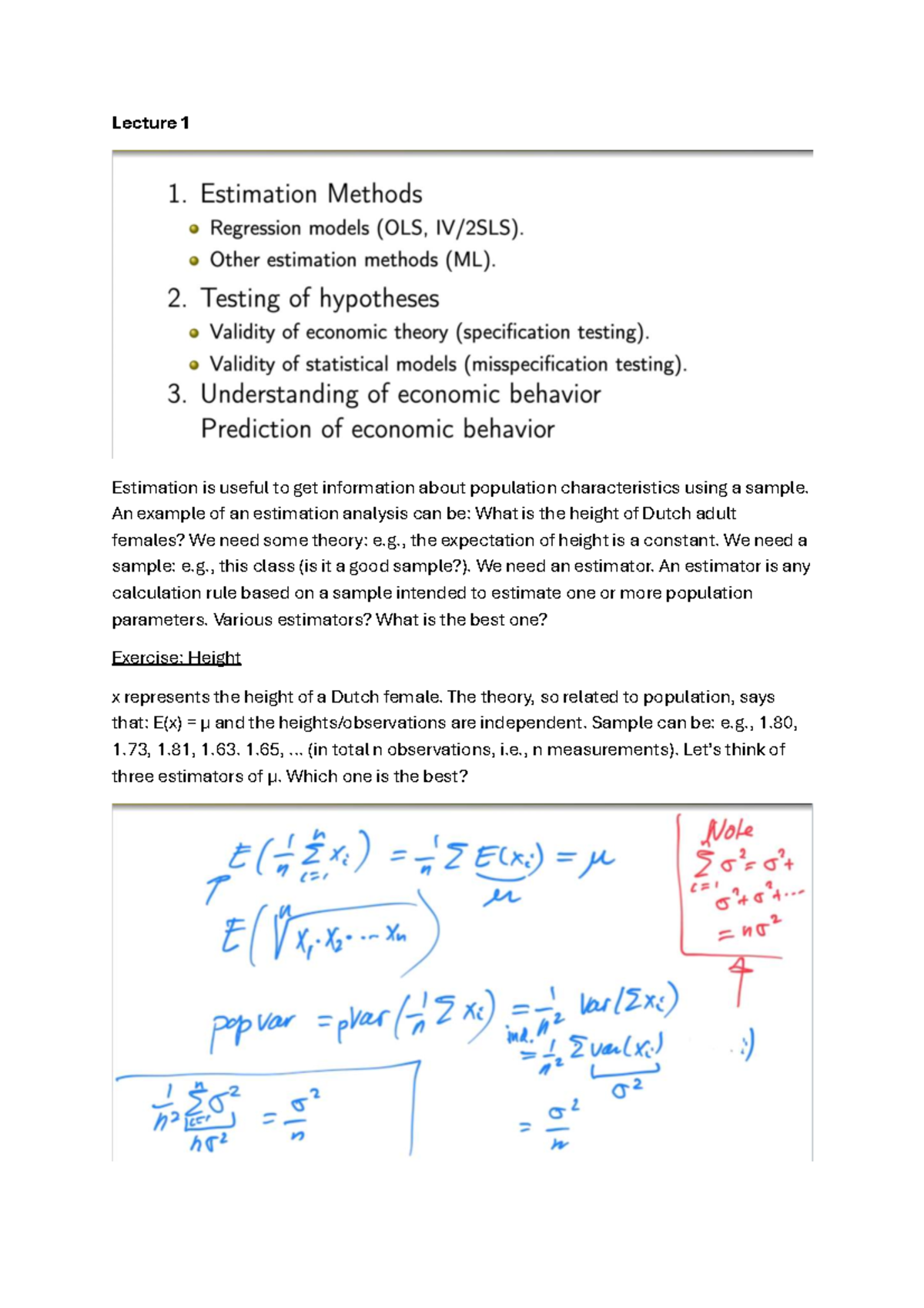 Lecture 1: Estimation and OLS in Econometrics (ECO 101) - Studeersnel