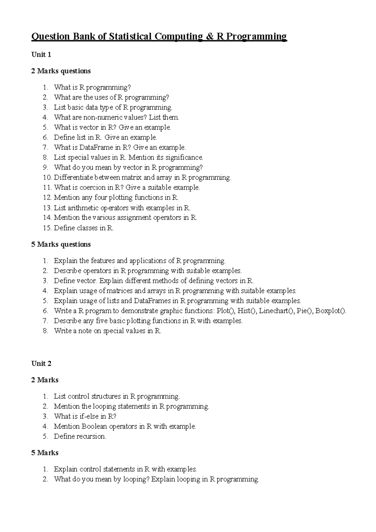 Statistical Computing & R Programming Question Bank (RP) - Studocu