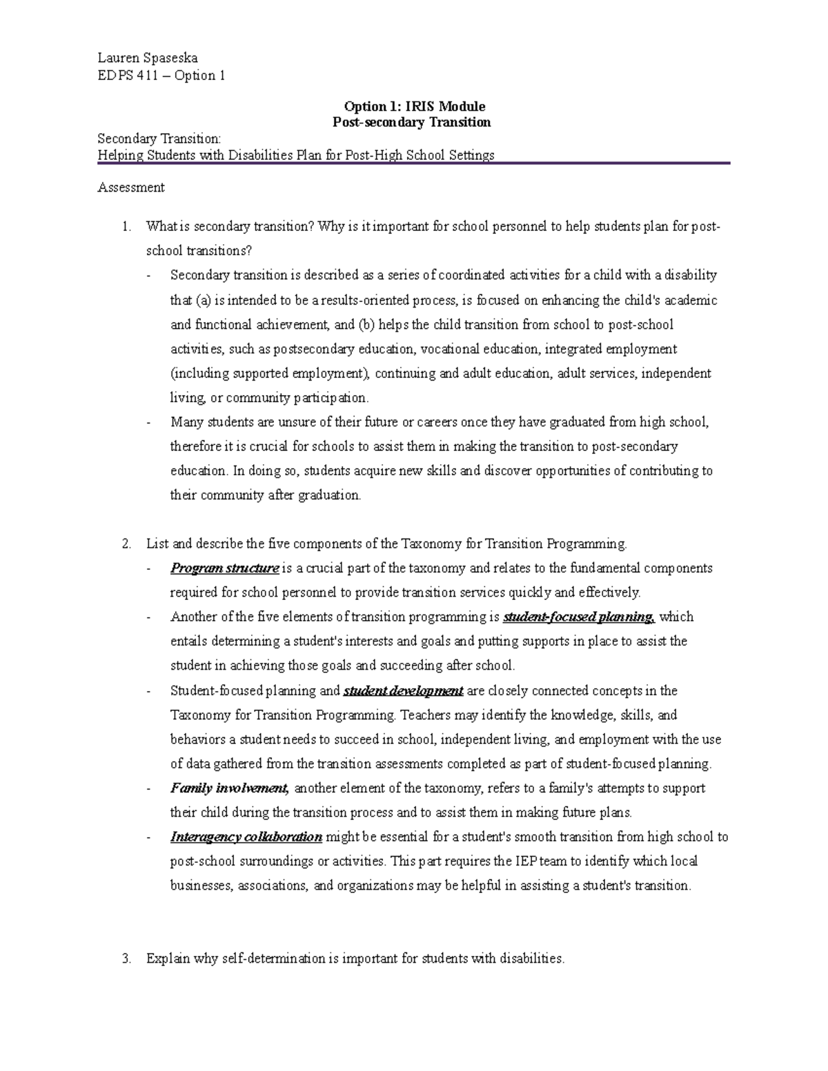 EDPS 411 Final Exam: Transition Strategies for Students with ...