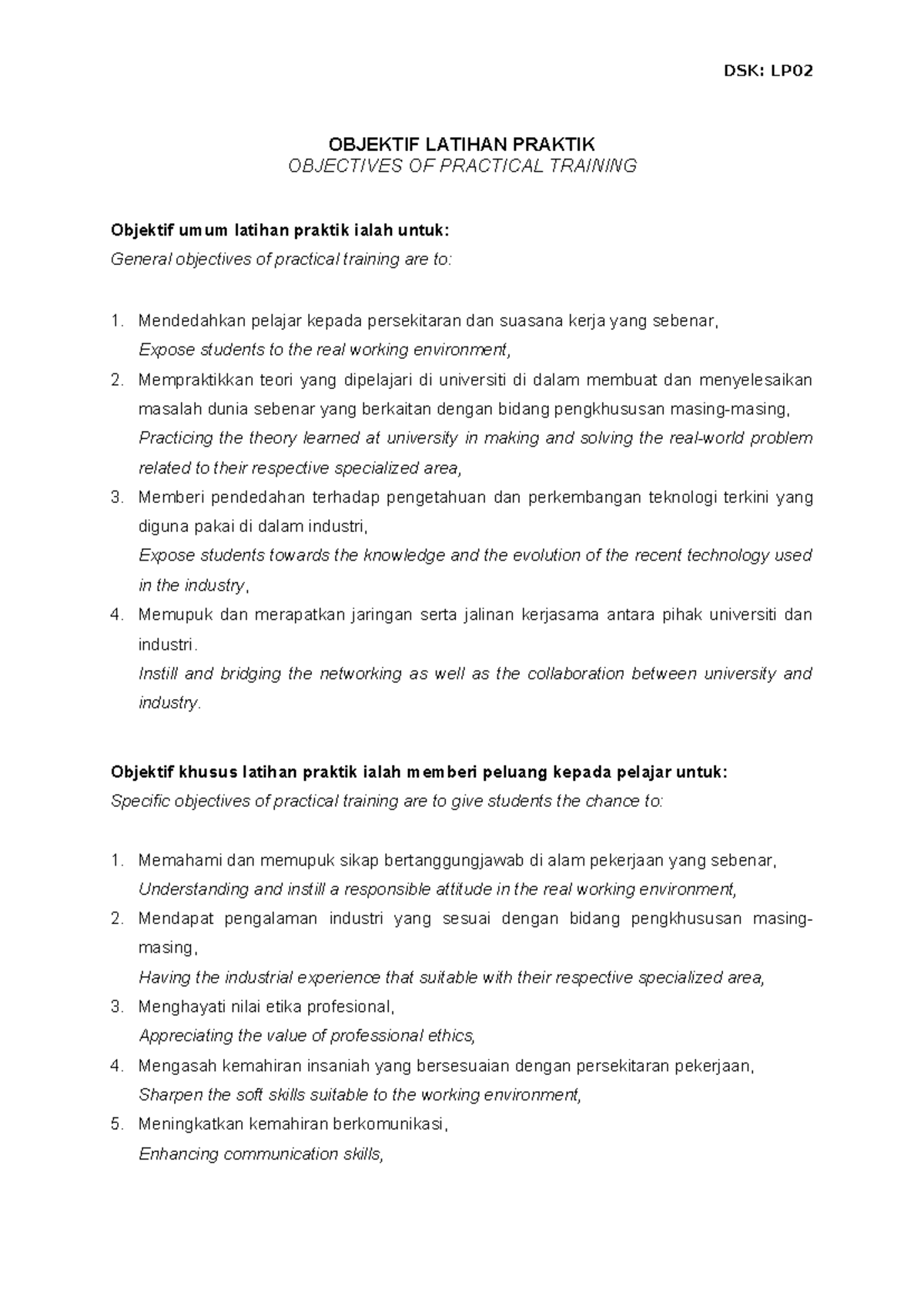 4-Objectives Scope and Requirement LP 2020 - DSK: LP OBJEKTIF LATIHAN ...