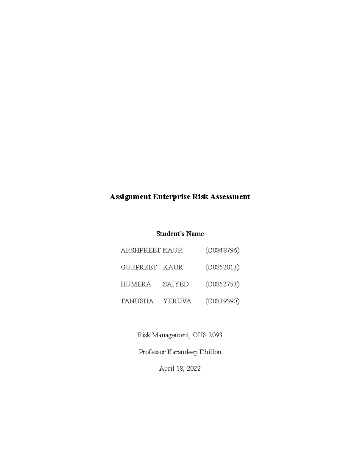 Risk Enterprise assignement - Assignment Enterprise Risk Assessment ...