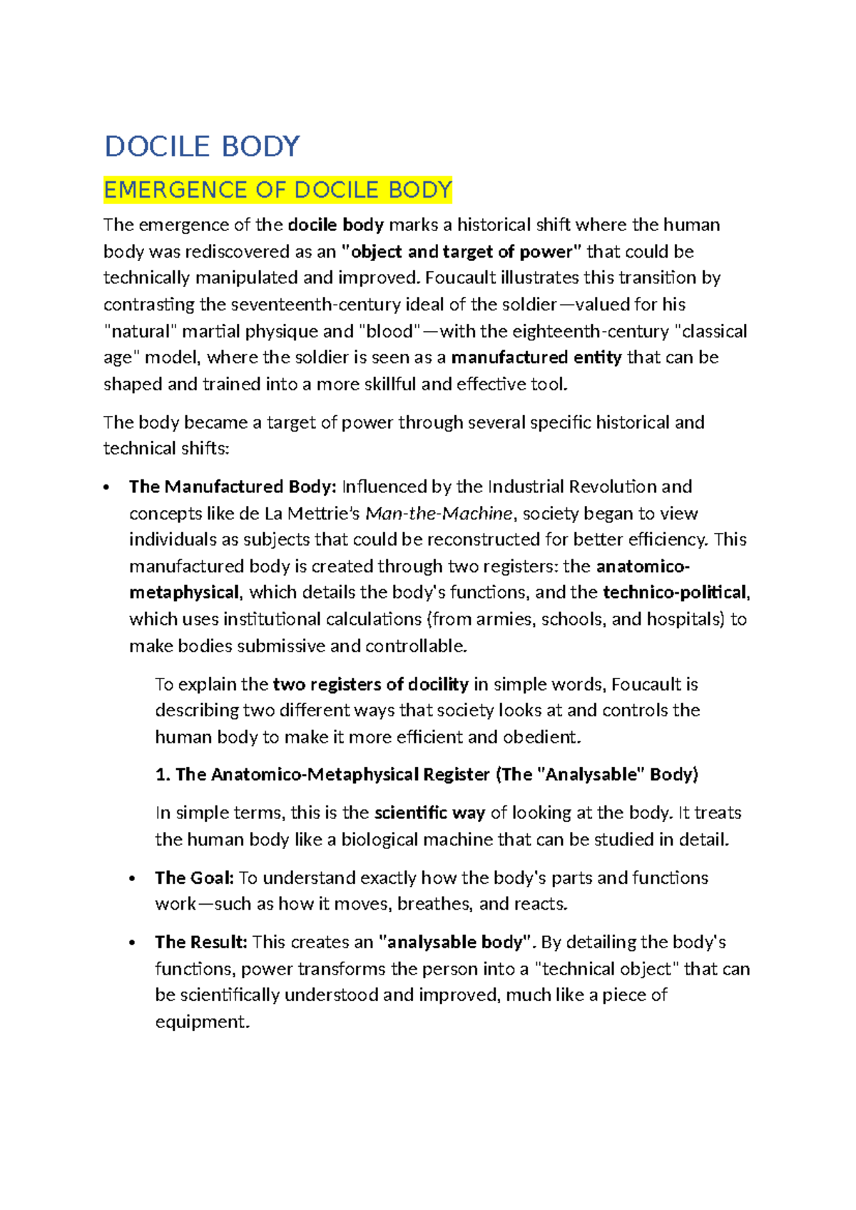 DOC 101: The Emergence of the Docile Body in Foucault's Theory - Studocu