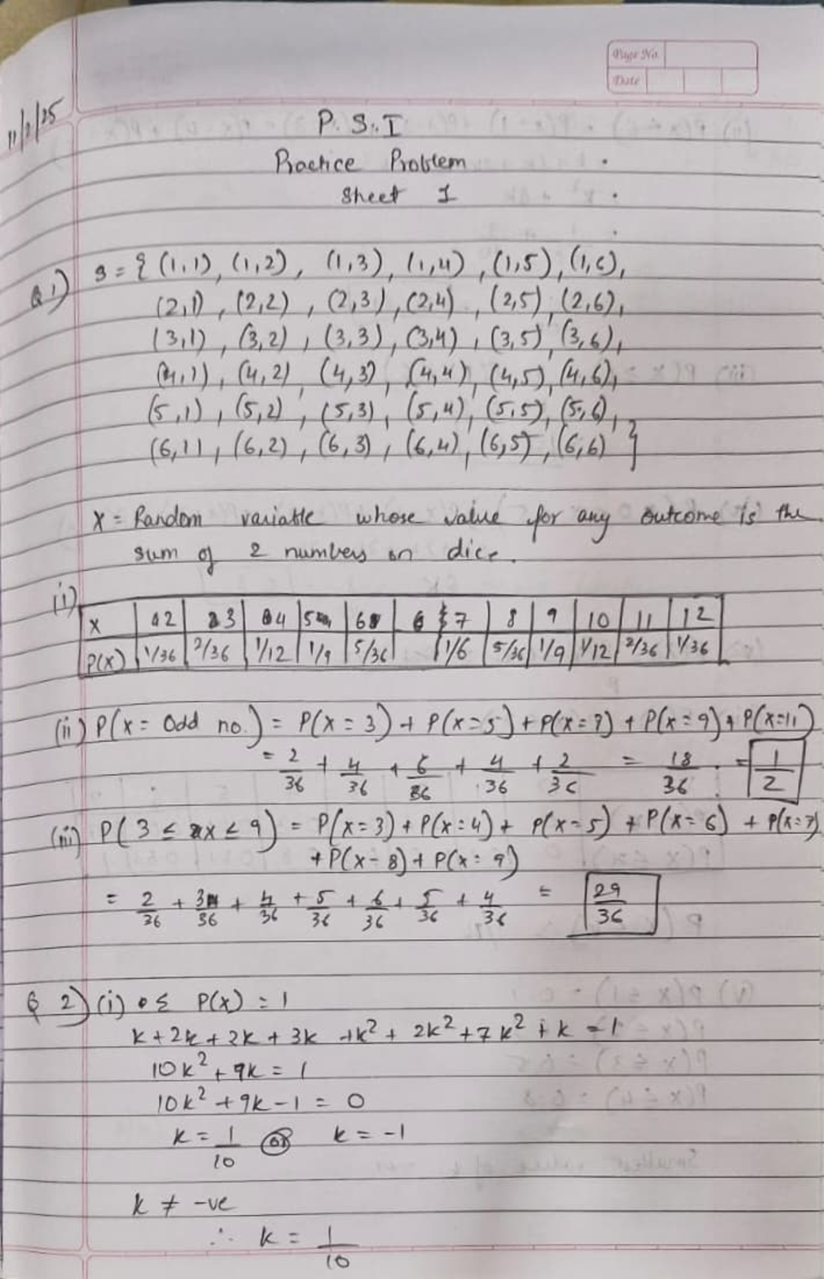 Probability and statistics PS-1 - X- Randon. x P s Bochce Brobtem (21 ...