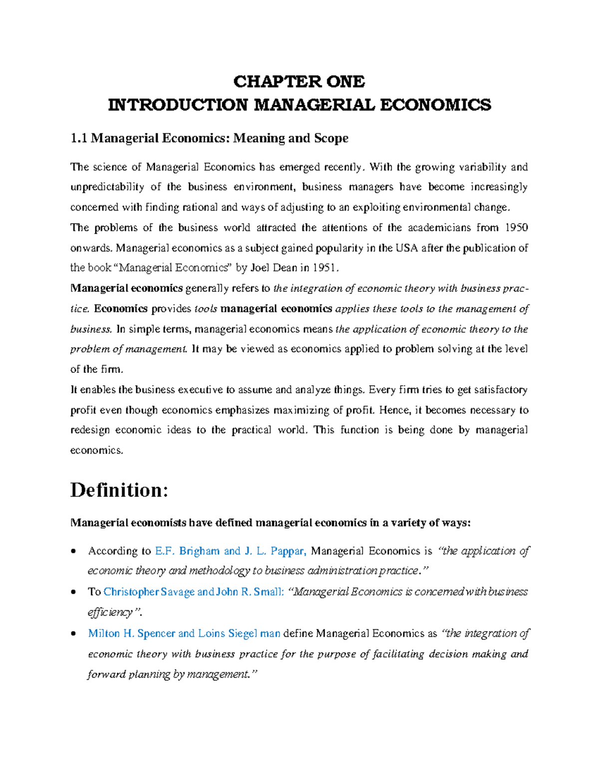 Managerial Economics (Course Code: ME 101) - Chapter 1 Overview and Key ...