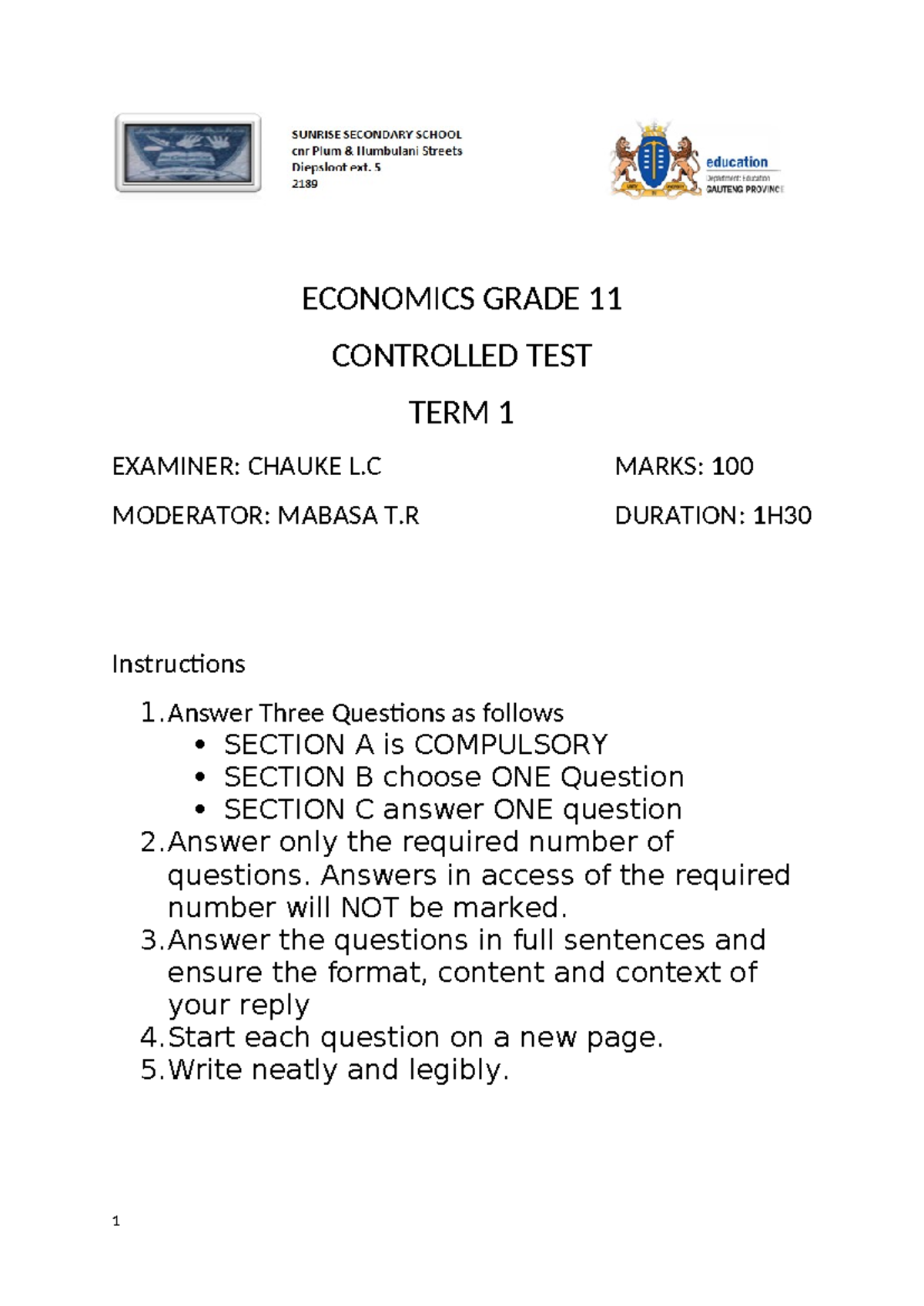 ECONOMICS GRADE 11 TERM 1 CONTROLLED TEST NOTES - Studocu