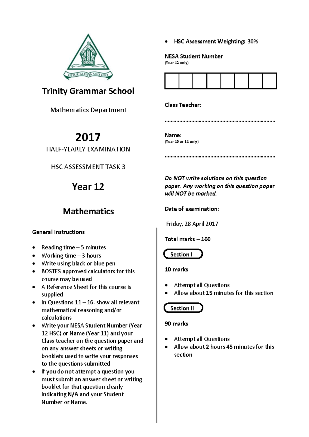 Trinity Grammar 2017 HSC Mathematics Exam Paper & Solutions - Studocu