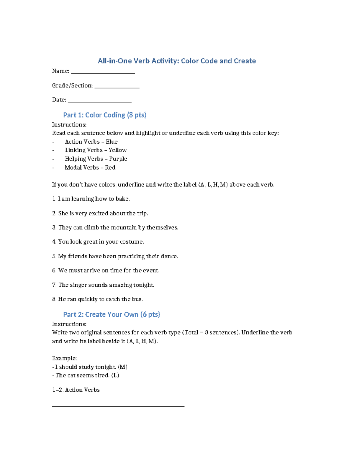 All in One Verb Activity: Color Code & Create - Studocu