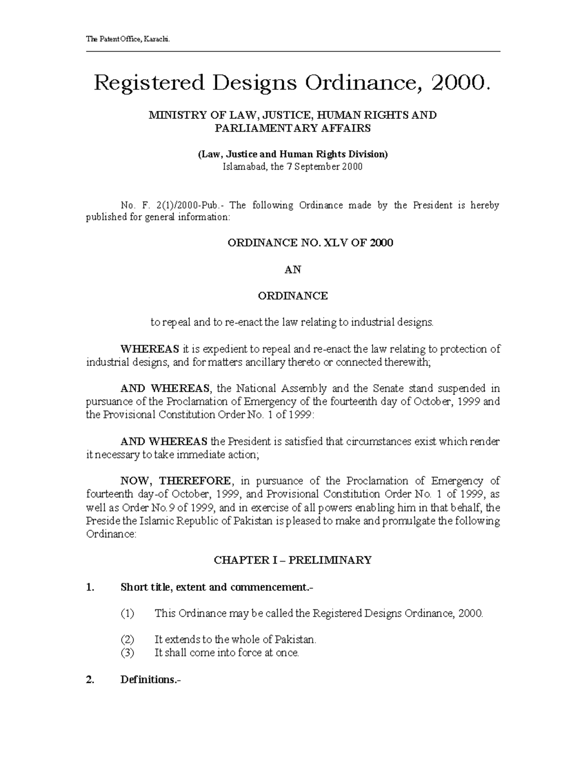 Registered Designs Ordinance 2000 - Patent Office, Karachi - Studocu