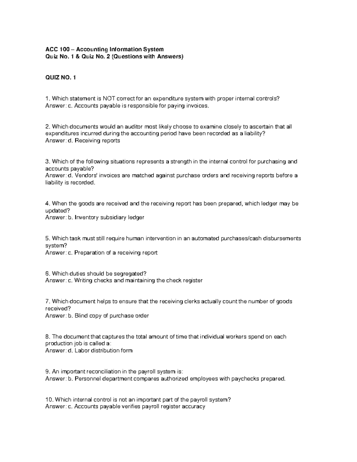 ACC 100 Accounting Information System Quiz Answers (Quiz 1 & 2) - Studocu