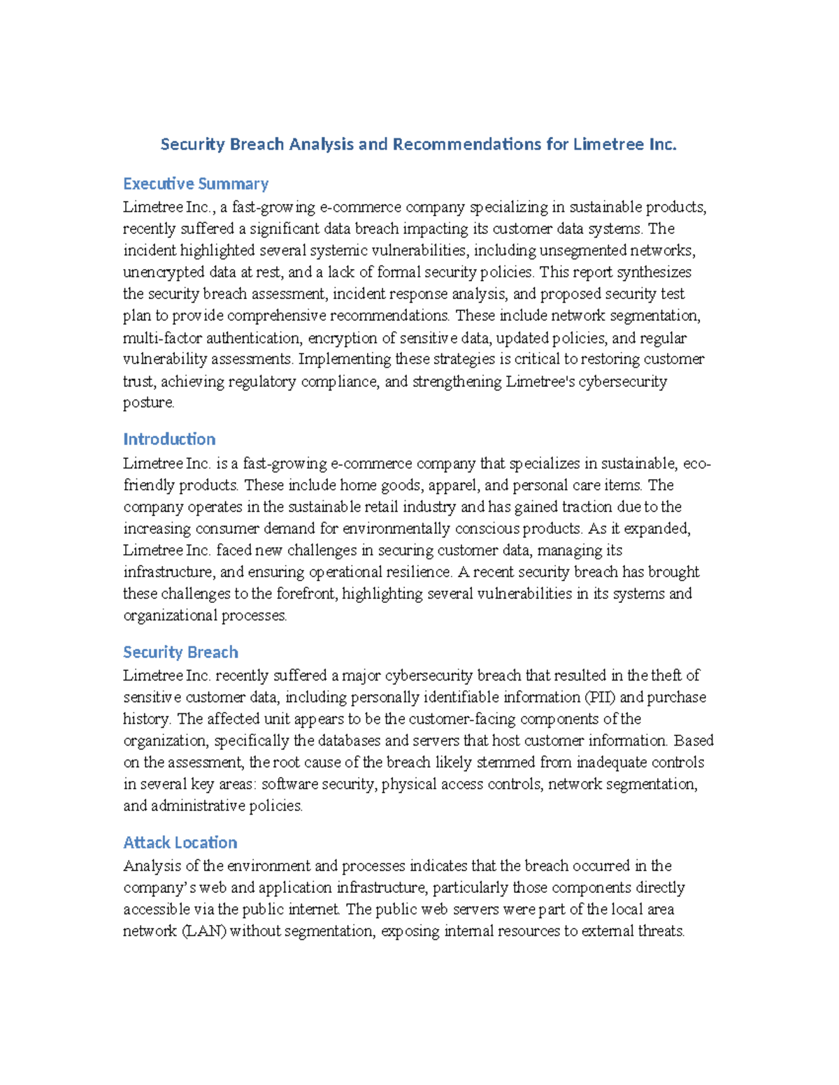 Limetree Inc. Security Breach Analysis & Recommendations (Final Report ...