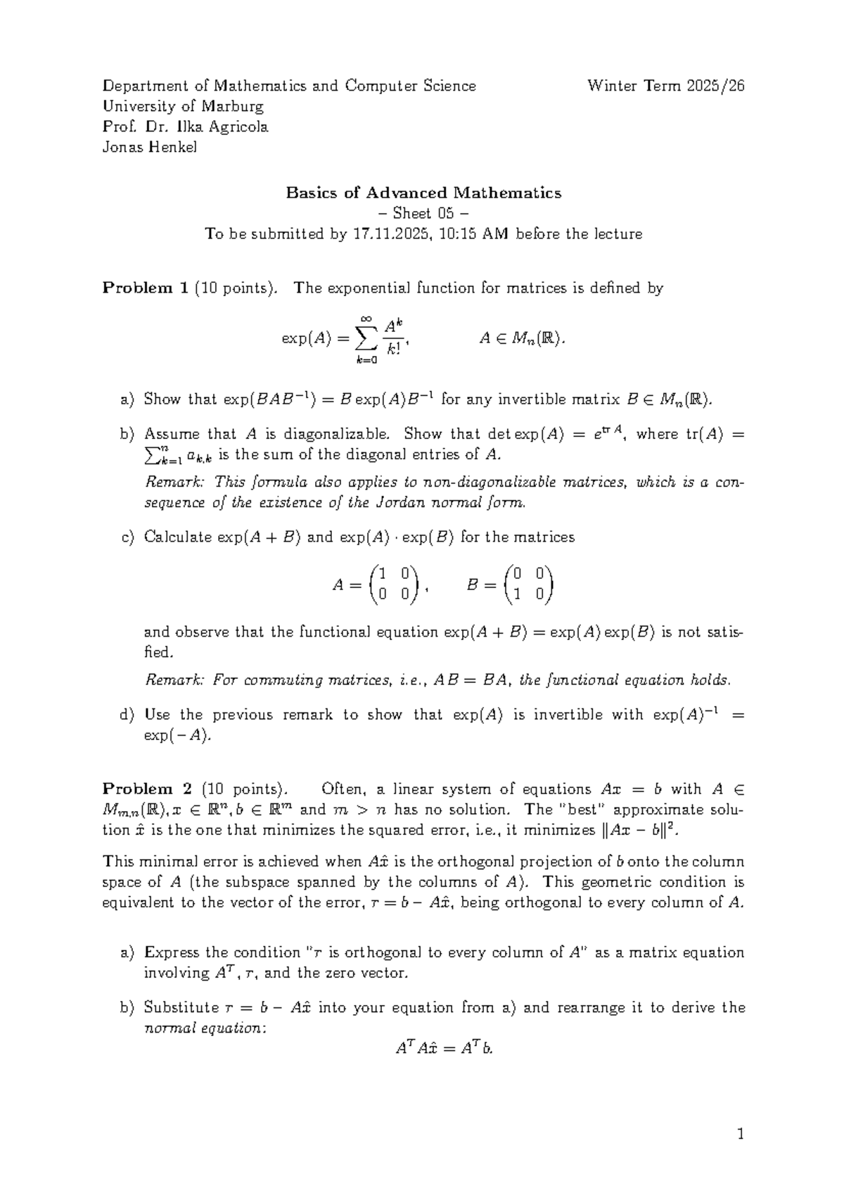 Advanced Mathematics Basics - Sheet 05 (MATH 101) - Studocu