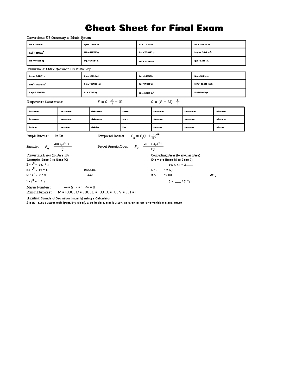 Formula Sheet for Final Exam: Conversions & Interest Calculations - Studocu