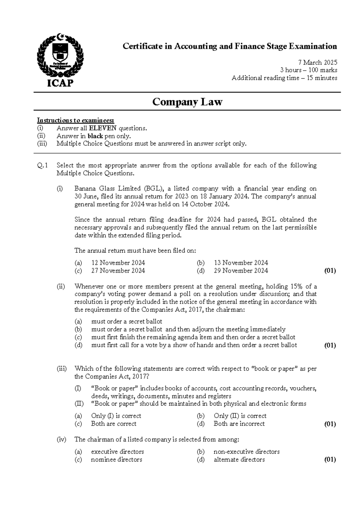 CAF 7 CLW Spring 2025 - Company Law Stage Exam Past Paper - Studocu