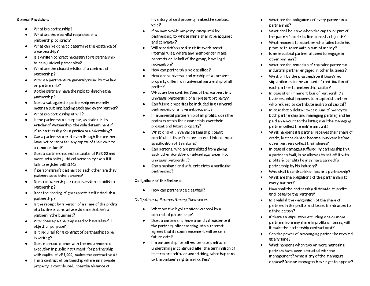 Law on Partnership - Key Concepts and Practice Quiz - Studocu