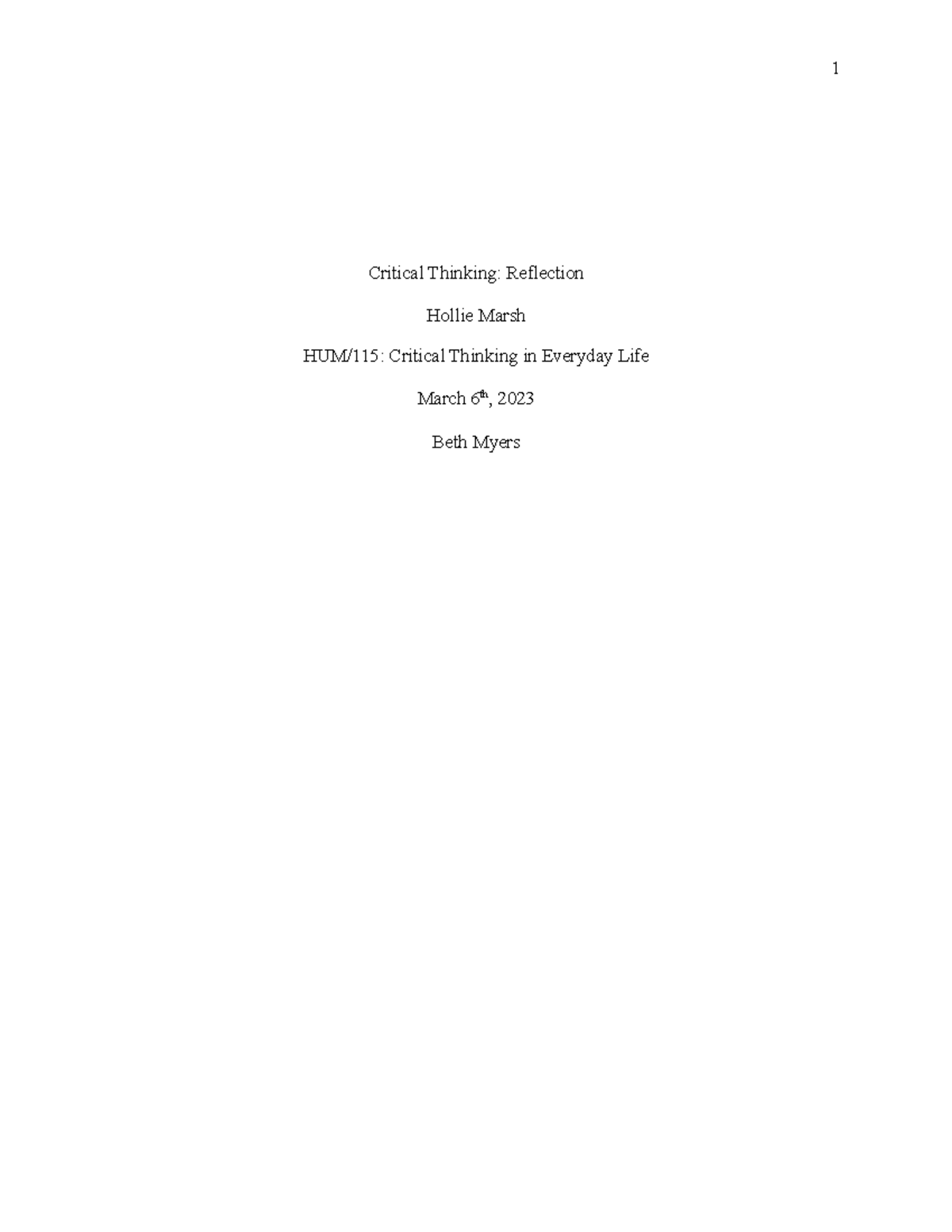 HUM 115 Week 5 Assignment: Reflection on Critical Thinking Skills - Studocu