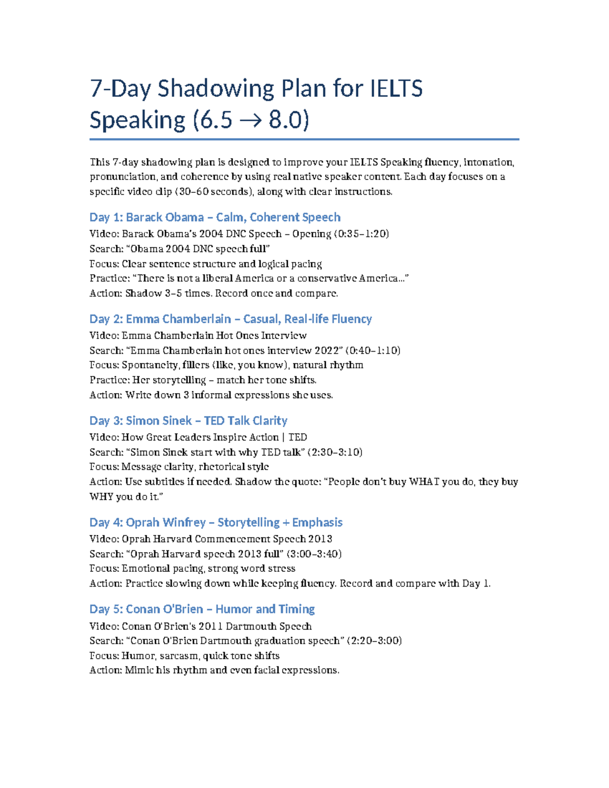 IELTS Speaking Shadowing Plan: 7-Day Fluency Improvement Guide - Studocu