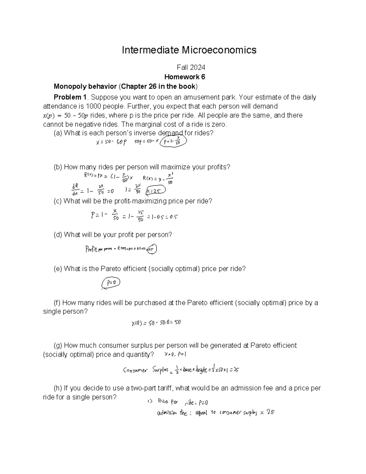 Homework 6 - Intermediate Microeconomics Fall 2024 Monopoly behavior ...