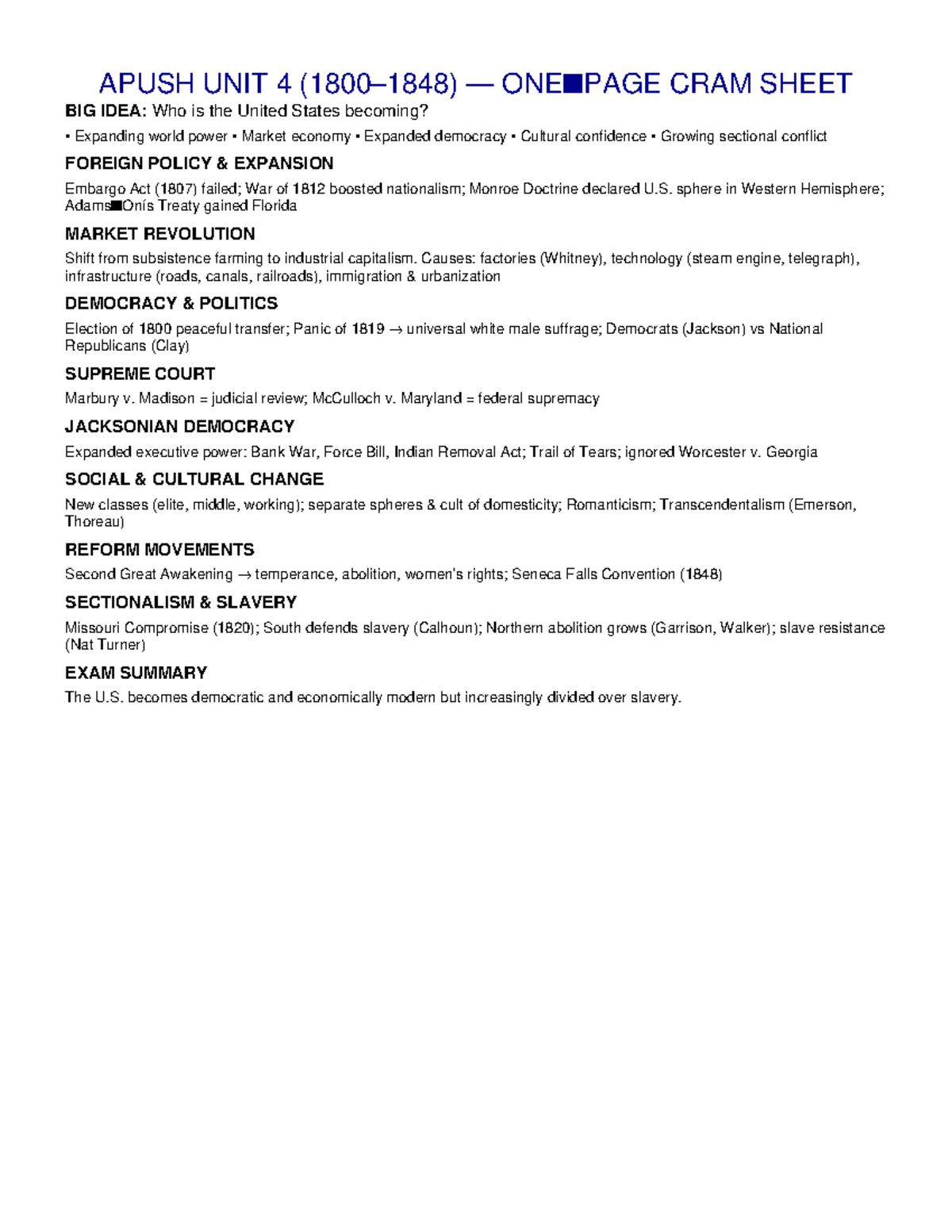 APUSH Unit 4 Cram Sheet: U.S. Growth & Sectional Divisions - Studocu