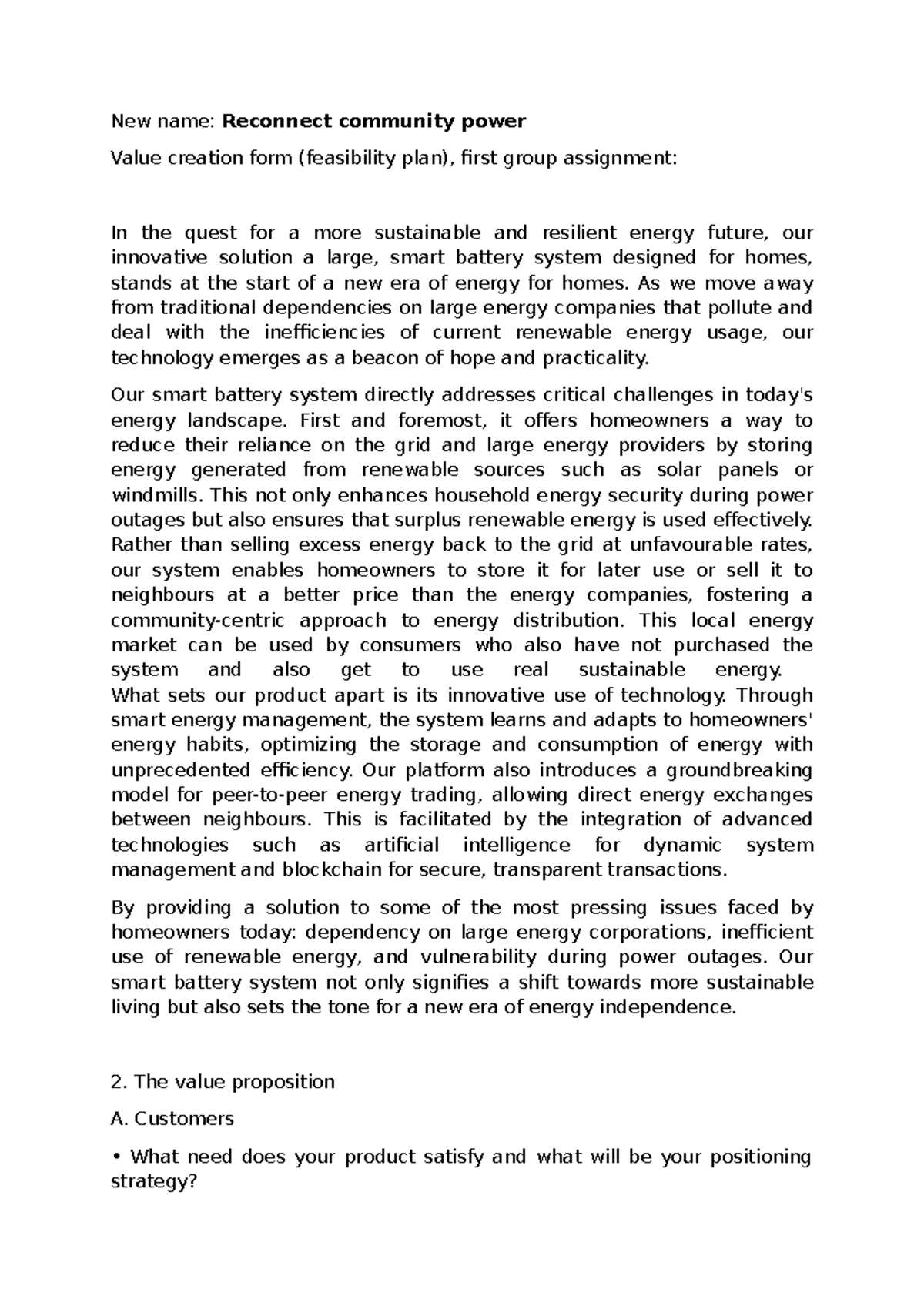 Value Proposition Final: Reconnect Community Power Analysis - Studeersnel
