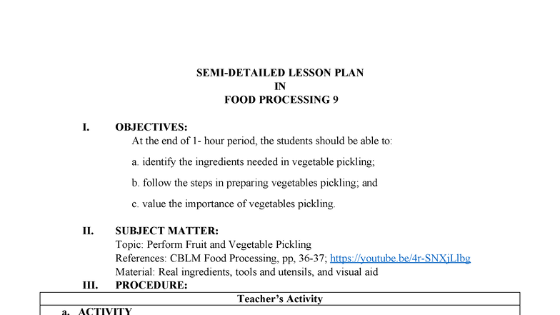 LESSON PLAN: Perform Fruit & Vegetable Pickling (Food Processing 9 ...