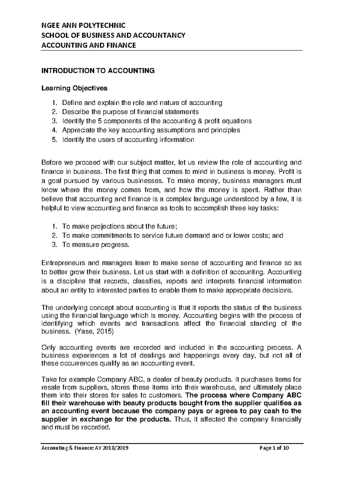 Lecture Notes 1 - Introduction to Accounting Concepts and Principles ...