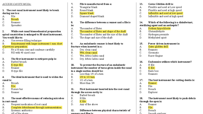 E3 MCQ sol - endo access cavity prep. MCQs - ACCESS CAVITY MCQs: The ...