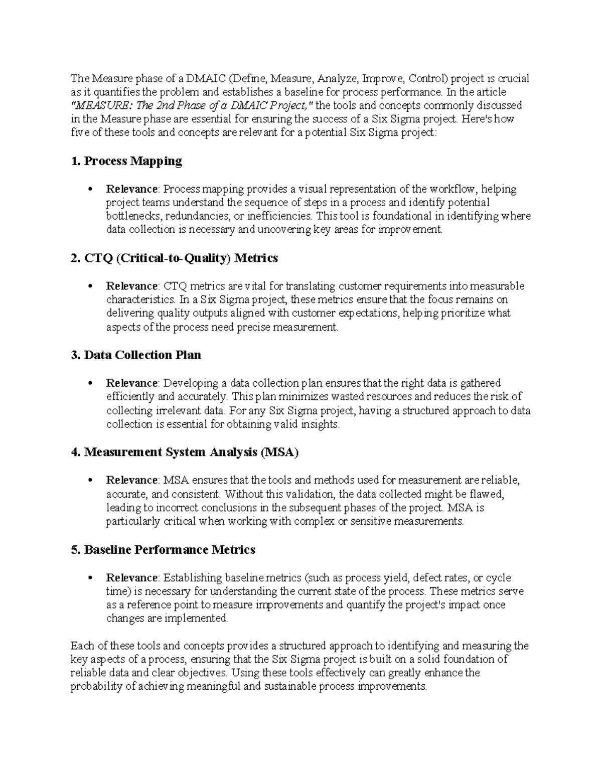 6.1 Read the article that discusses the Measure phase notes - The ...