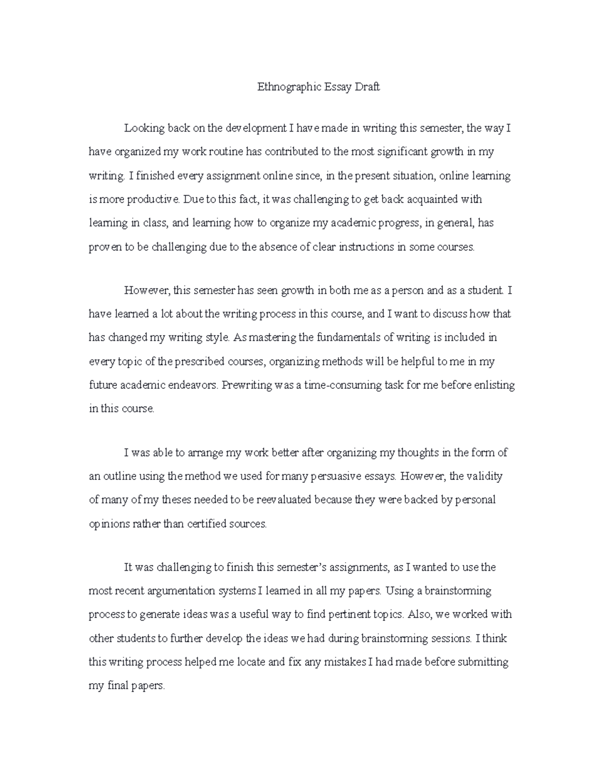 Ethnographic Essay Draft: Reflections on My Writing Journey - Studocu