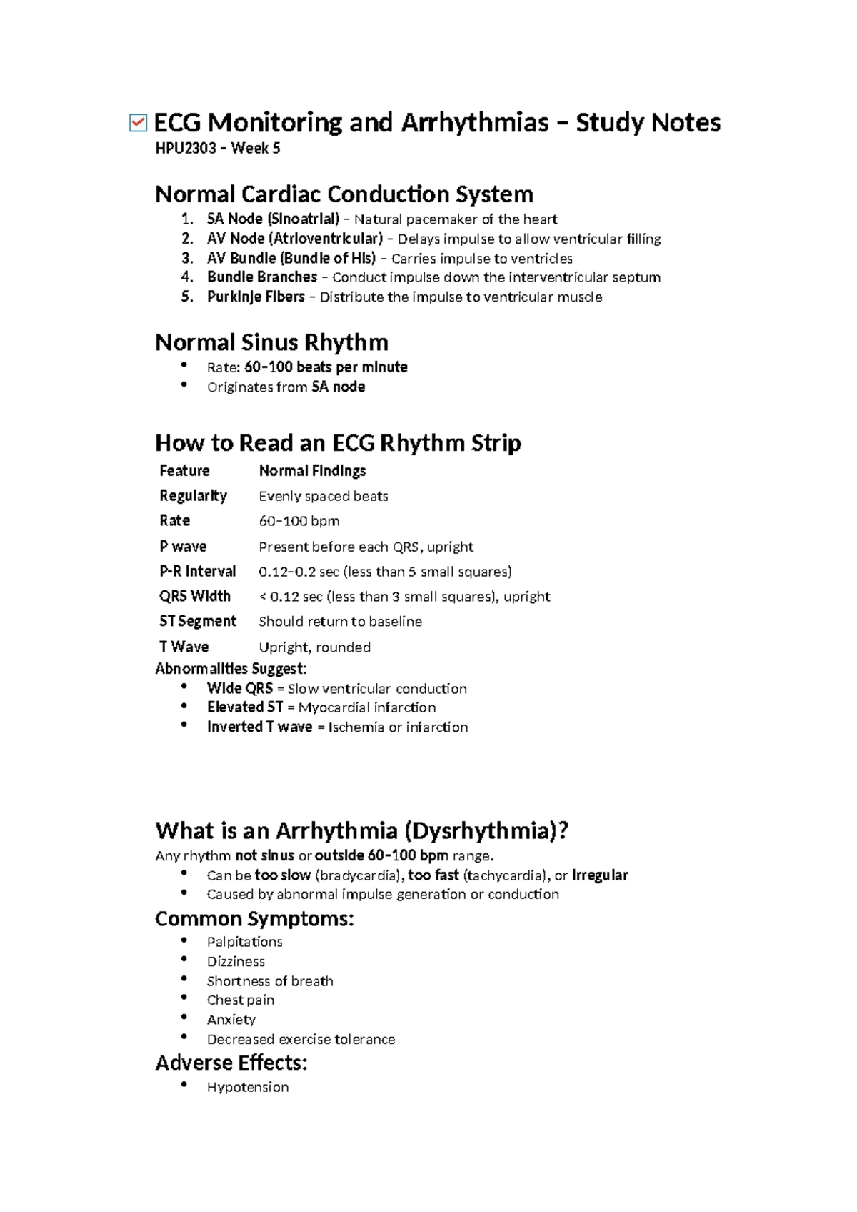 Management of Arrhythmias Study Notes HPU2303 Week 5: Cardiac Disorders ...