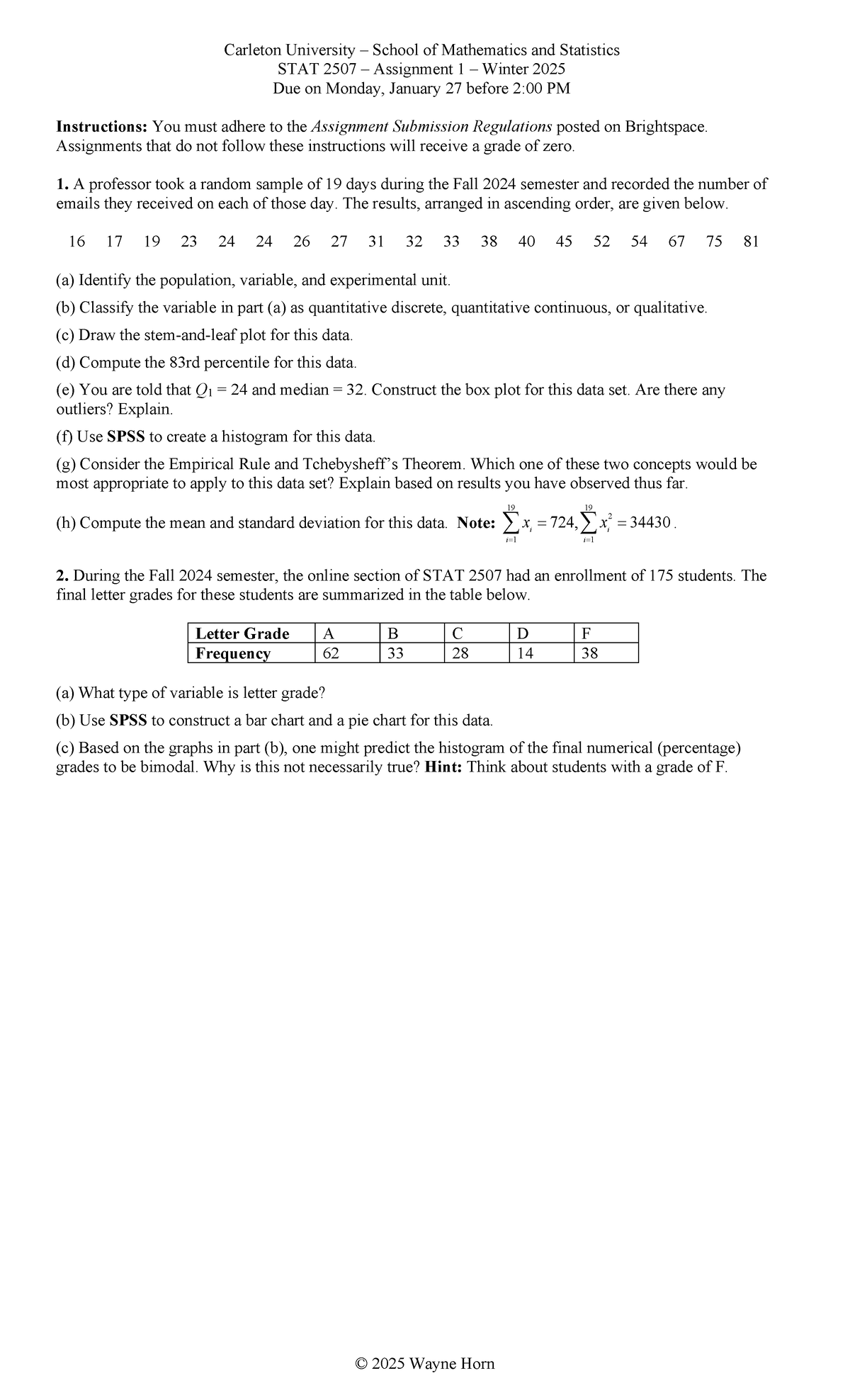 STAT 2507 Assignment 1 Instructions for Winter 2025 - Studocu